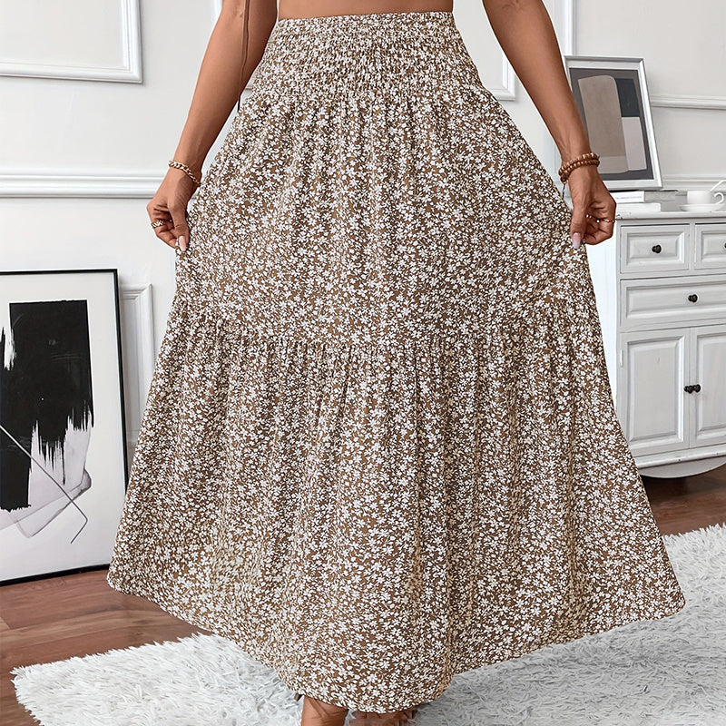 Women's Boho Floral Maxi Skirt - High Elastic Waist, Pleated A-Line Long Skirt