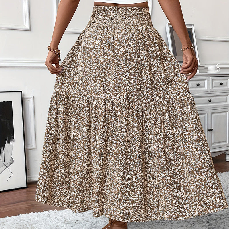 Women's Boho Floral Maxi Skirt - High Elastic Waist, Pleated A-Line Long Skirt