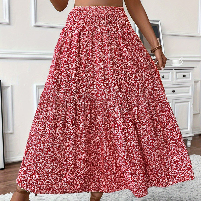 Women's Boho Floral Maxi Skirt - High Elastic Waist, Pleated A-Line Long Skirt