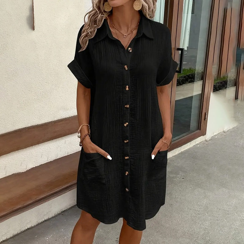 Women's Dress Summer Casual Collar Button Down Short Sleeve Tunic Shirt Dress With Pockets