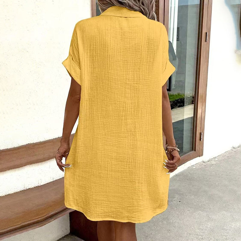 Women's Dress Summer Casual Collar Button Down Short Sleeve Tunic Shirt Dress With Pockets
