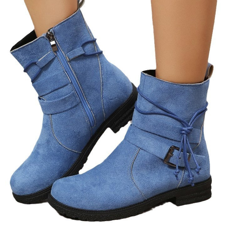 Fashionable Round Toe Buckle Boots with Square Heel