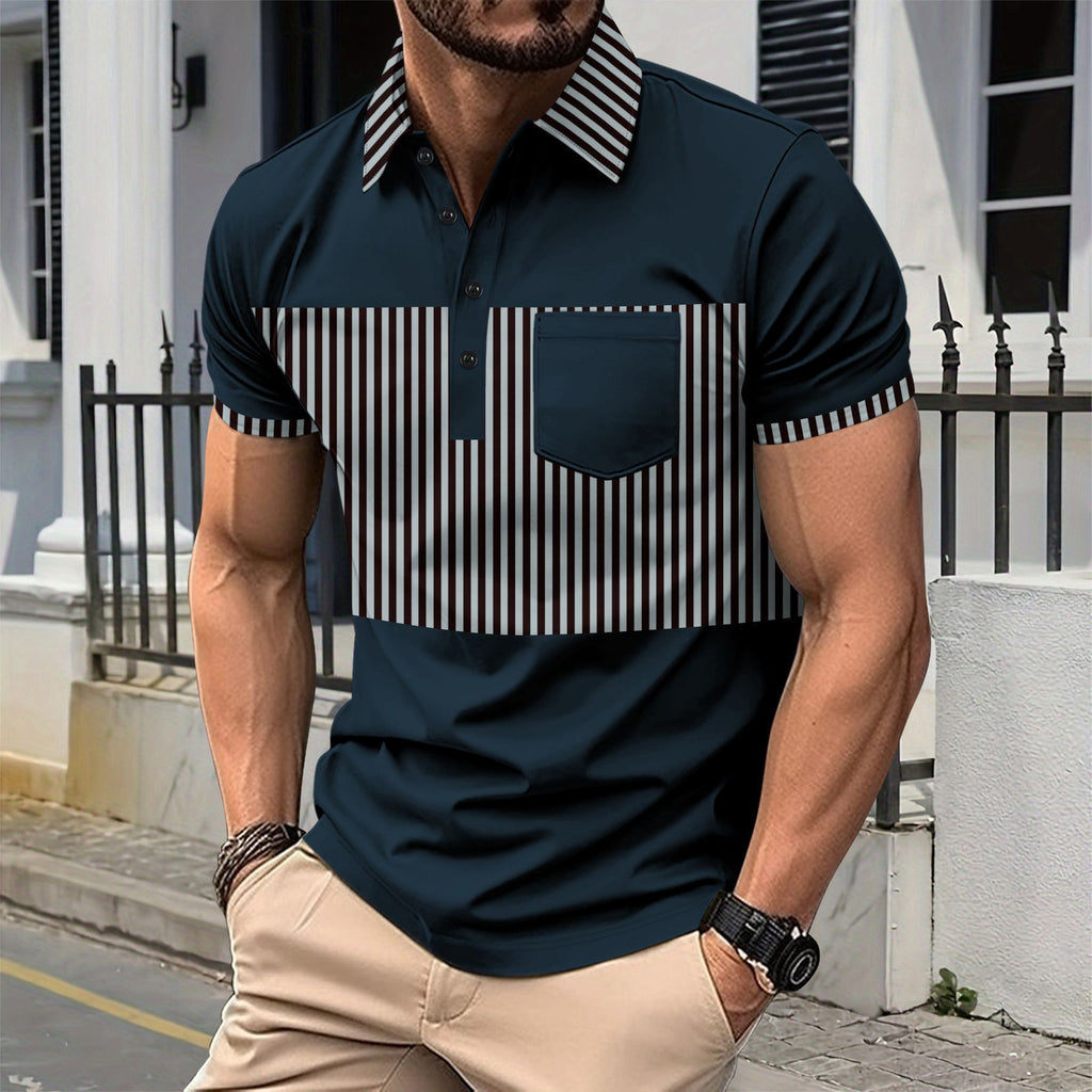 Men's Casual Placket Polo Collar Stripes Color Matching Stitching T-shirt