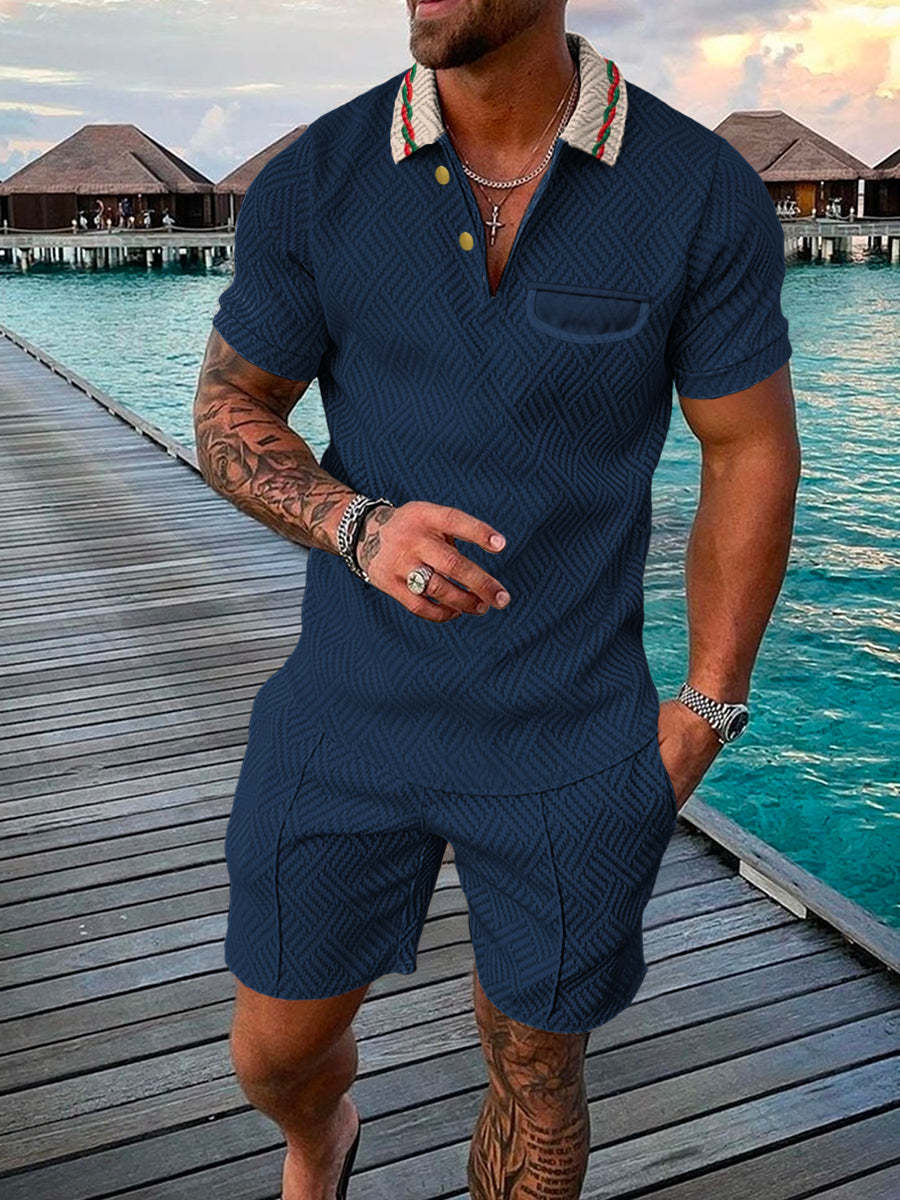 Men's Summer Fashion 3D Printed Short Sleeve Geometric Zip Lapel Shirt Set