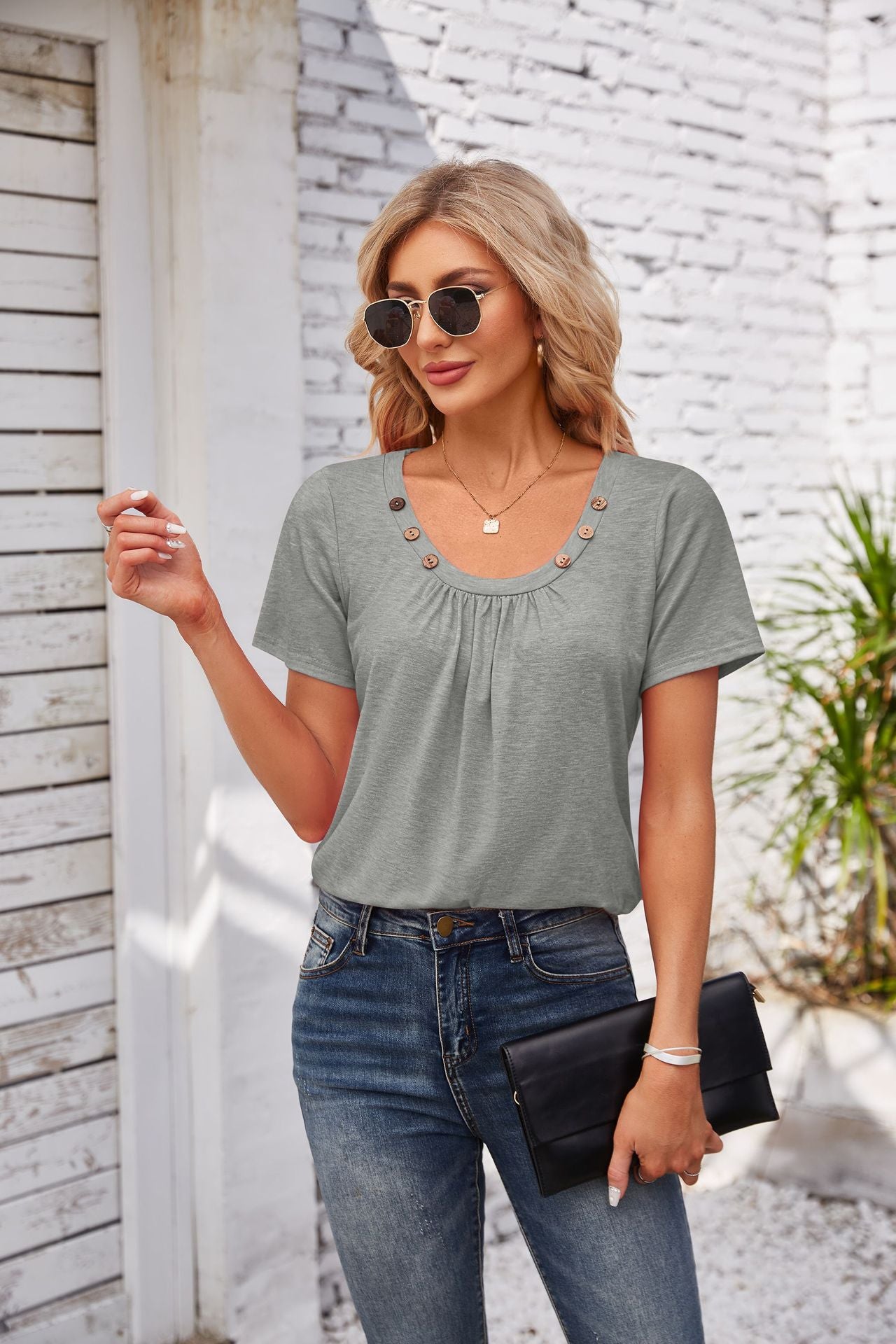 Solid Color Pleated T-Shirt with Cute Square Neckline