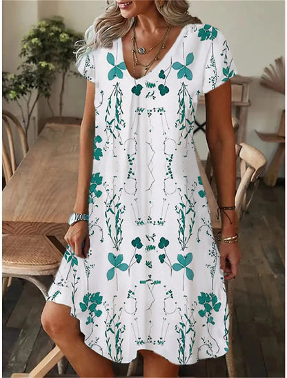 Floral 3D Printed V-neck Short Sleeve Dress