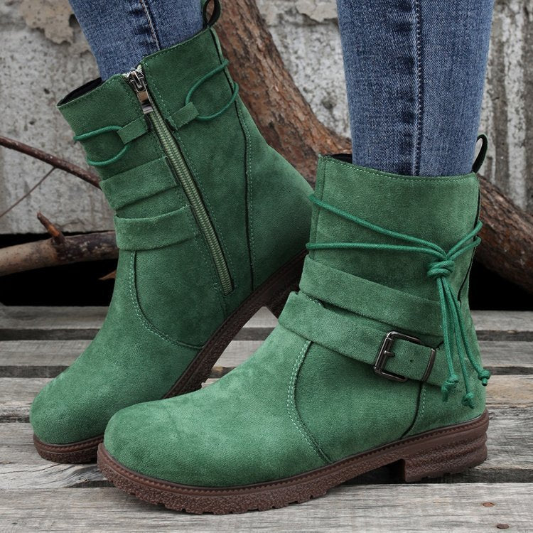 Fashionable Round Toe Buckle Boots with Square Heel