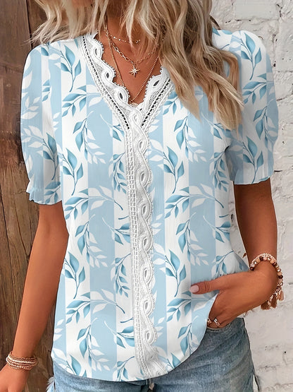 V-neck Lace Stitching Printing Shirt For Women