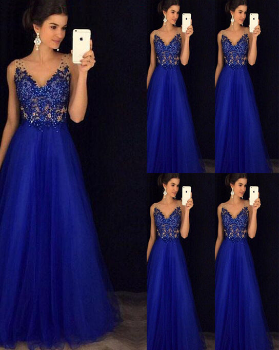 vestido largo de gasa azul elegante bola con cuentas sin espalda 