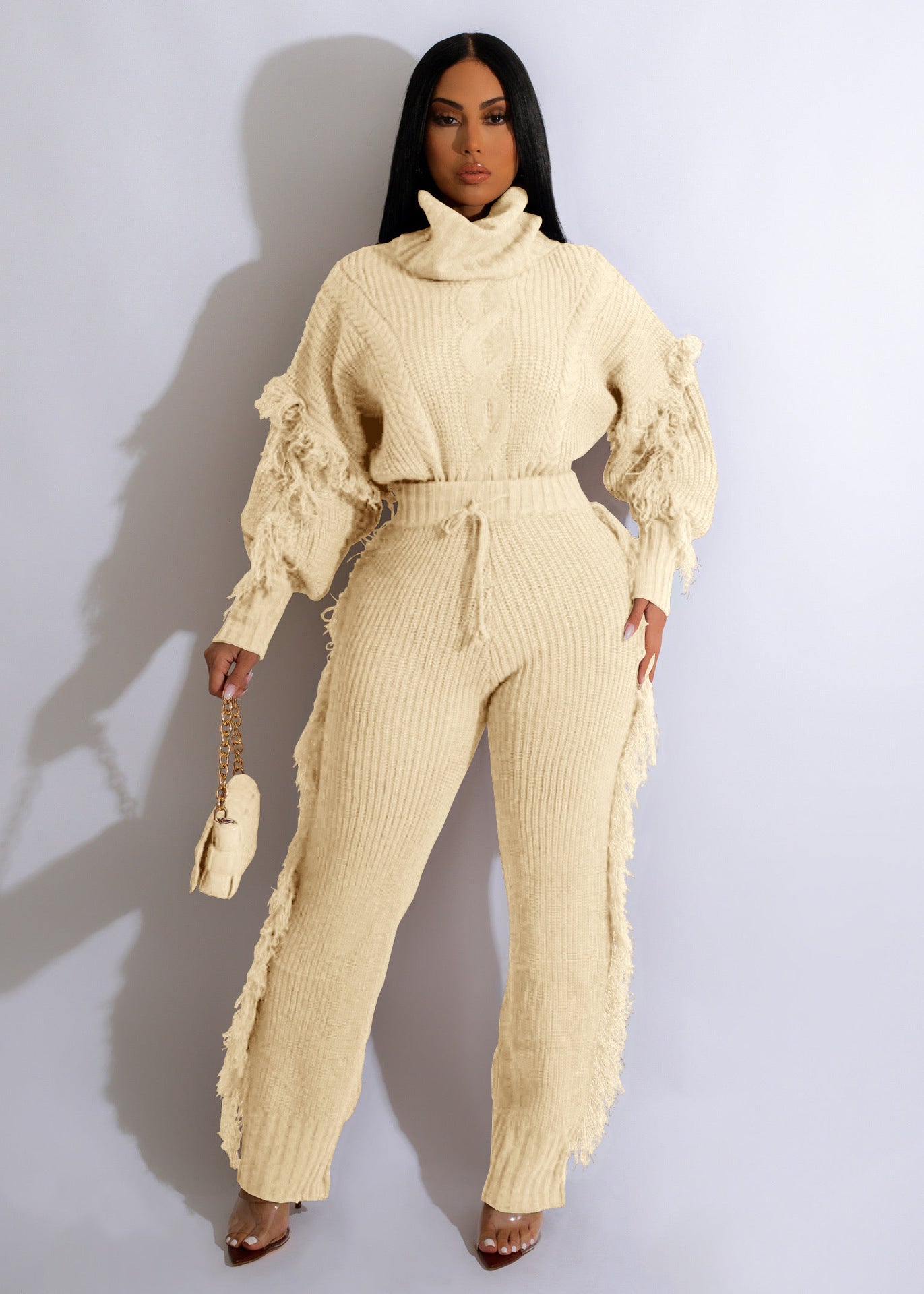 Casual Solid Color Knitted Long Sleeve Turtleneck Tassel Suit