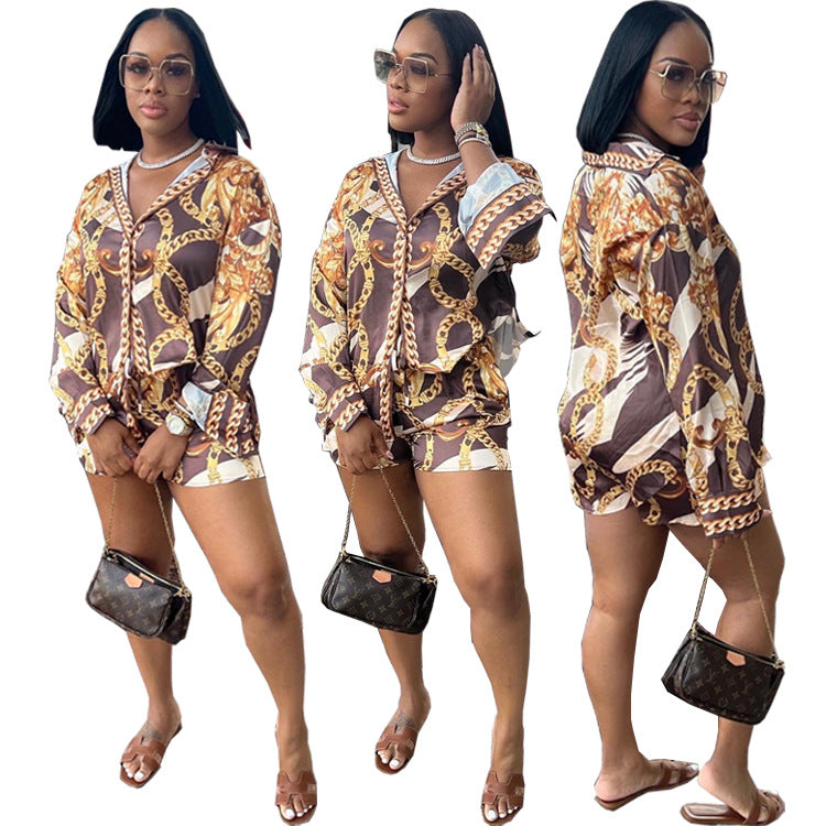 Women's Casual Long-sleeved Shirt Shorts Printed Two-piece Suit