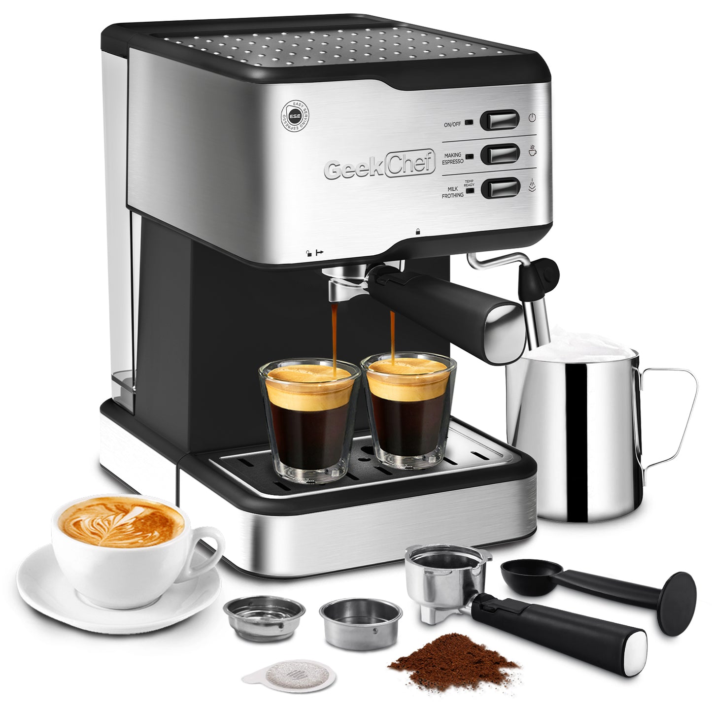 Geek Chef Machine à expresso, expresso et cappuccino Latte Machine à café 20 bars compatible avec filtre à capsules ESE POD et mousseur à lait Baguette vapeur, 950 W, réservoir d'eau 1,5 L, interdit sur Amazon 