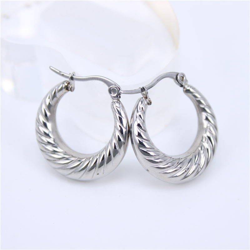 Ladies Fashion Titanium Hollow Round Texture Stainless Steel Earrings