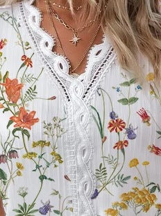 V-neck Lace Stitching Printing Shirt For Women