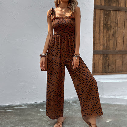 Women Pocket Waist Slimming Polka Dot Brace Jumpsuit Printing