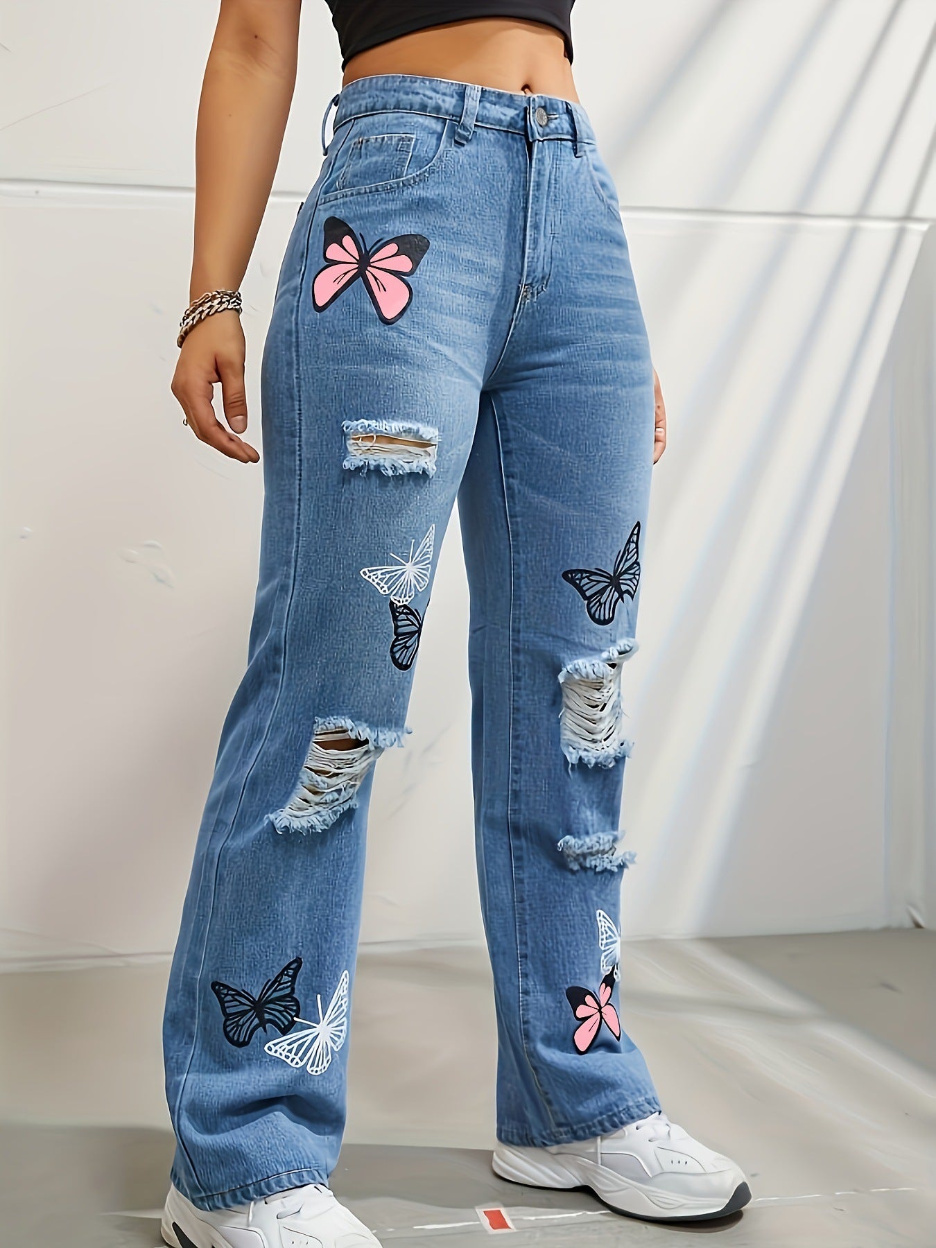 Women's Ripped Butterfly Print Jeans