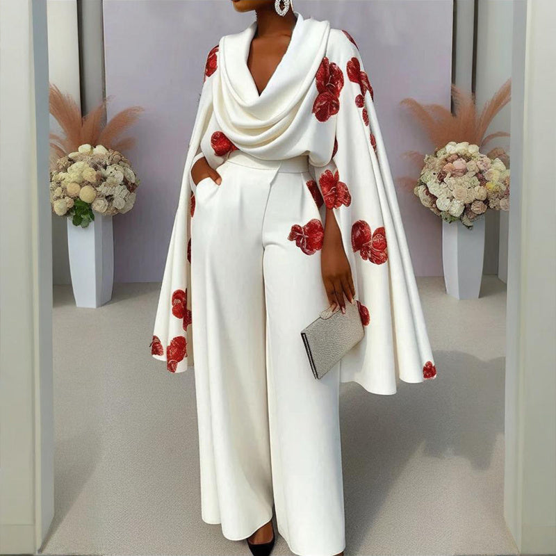 Women's Floral Print Mock Neck Long Sleeve Top & Wide Leg Pants Set With Pockets