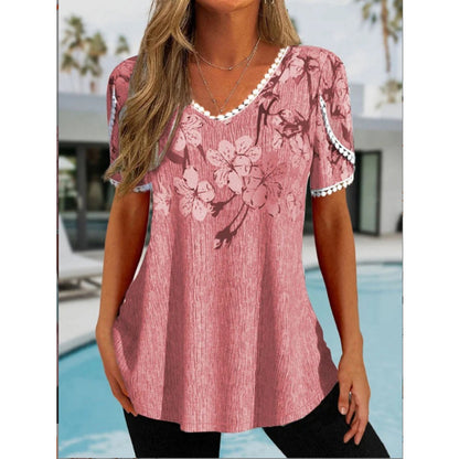 Loose Ruffled V-neck Short-sleeved Printed Top Casual Shirt