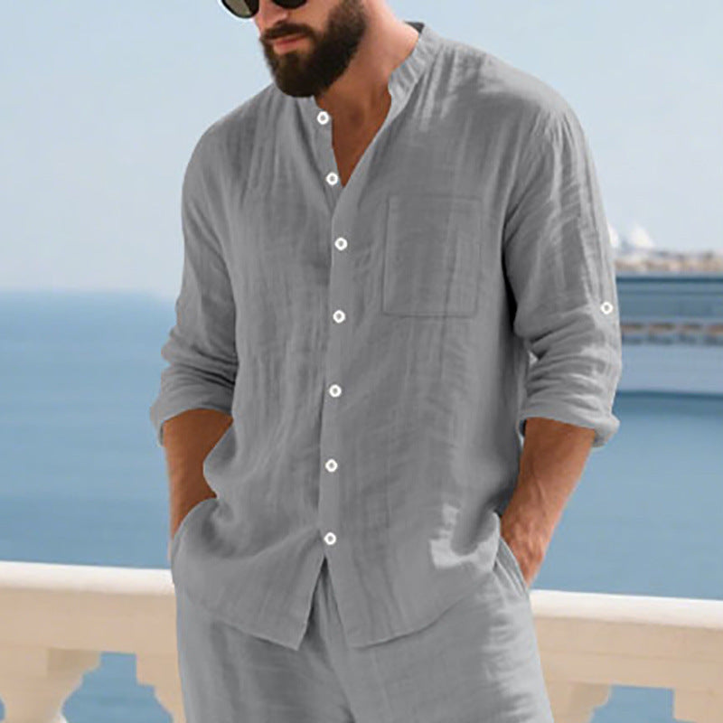 Breathable Linen Mens Button-Up Stand-Collar Long-Sleeve Shirt