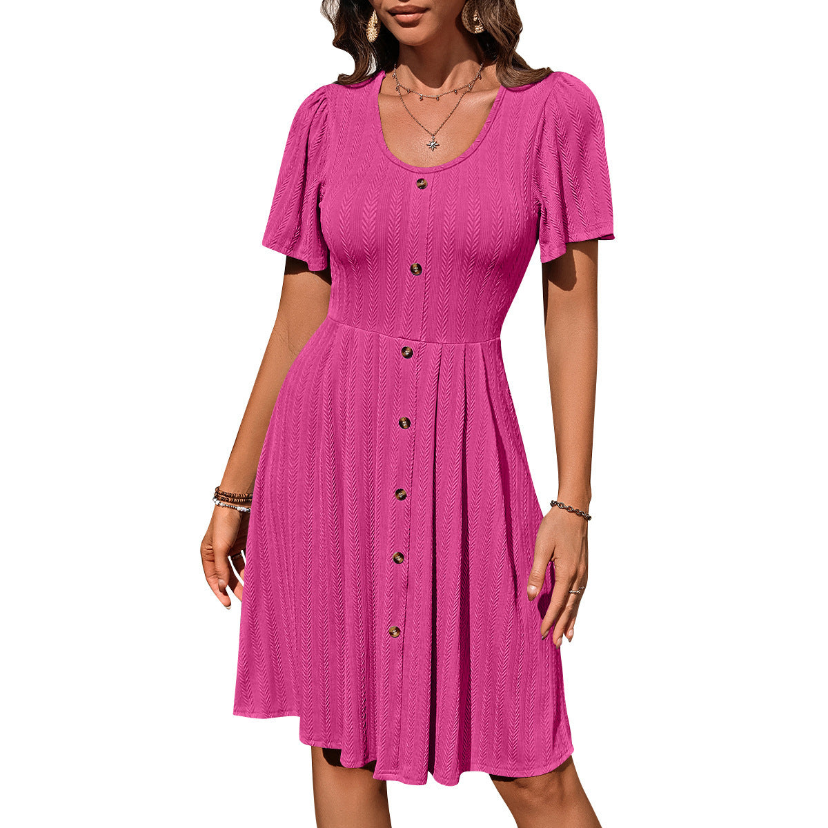 U-Neck Button Short-Sleeve Casual Summer Dress