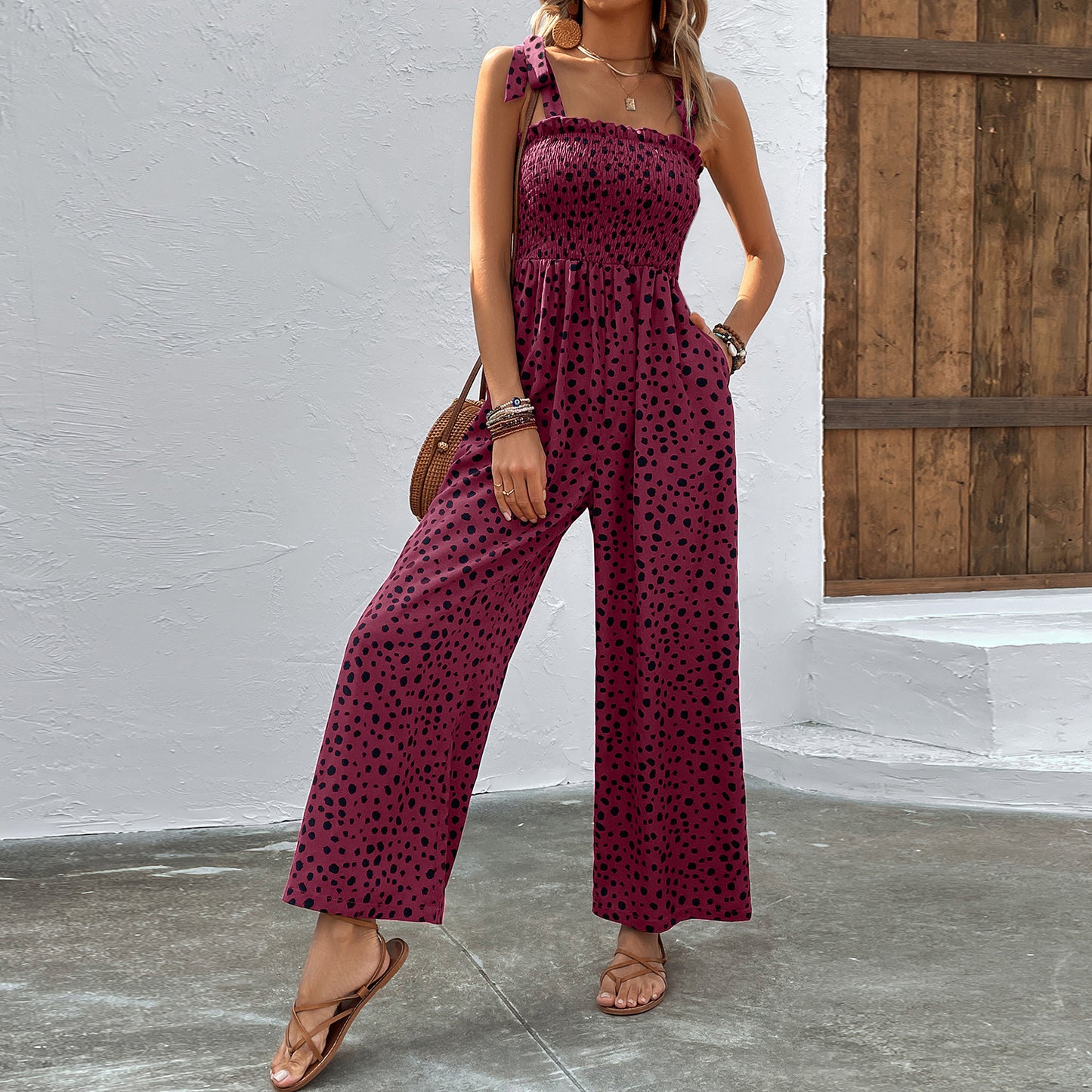 Women Pocket Waist Slimming Polka Dot Brace Jumpsuit Printing