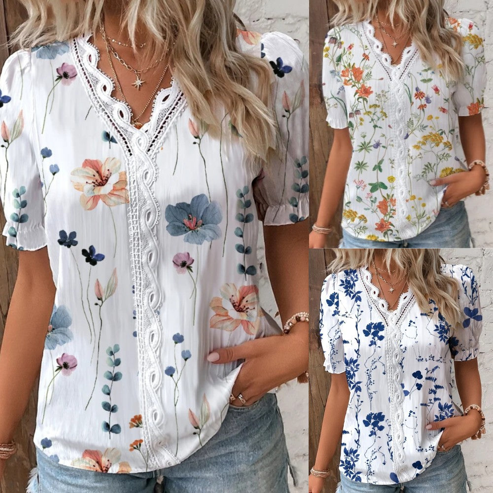 V-neck Lace Stitching Printing Shirt For Women