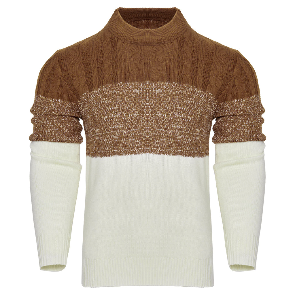 Men's Casual Color Block Long Sleeve Cable Knit Pullover Sweater