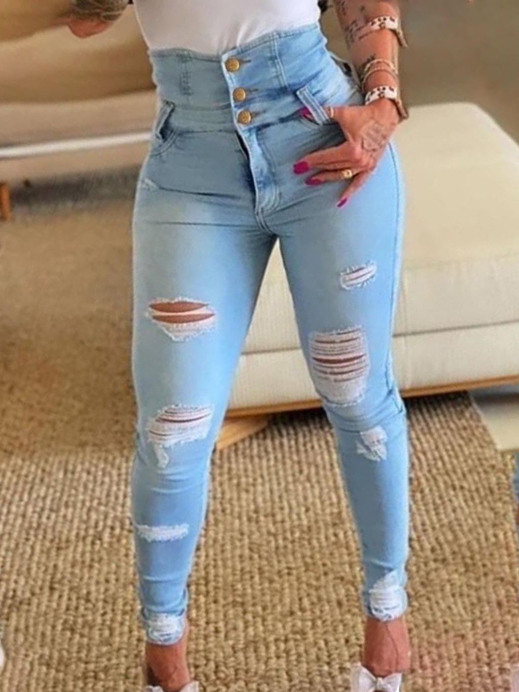 Light Blue Ripped Button-Fly Slim Jeans