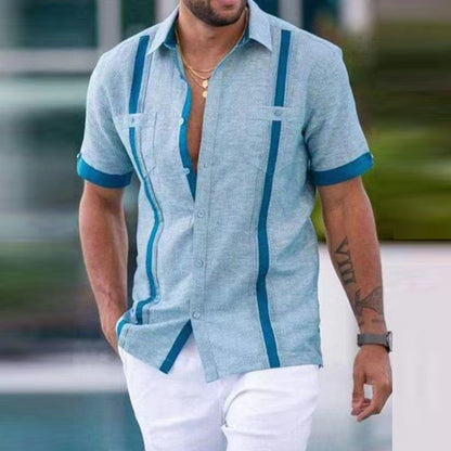 Men Casual Print Pockets Loose Short Sleeve  Summer Shirt