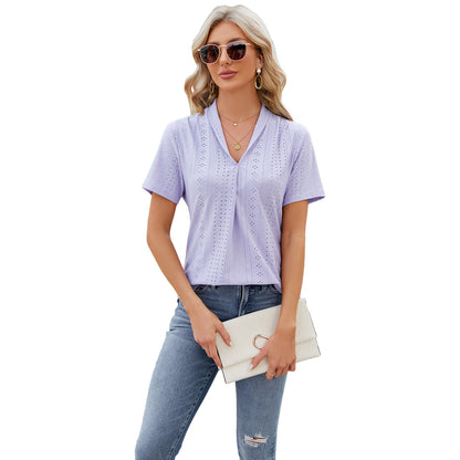 Women V-neck Hollow Design Summer Loose Short-sleeve T-shirt