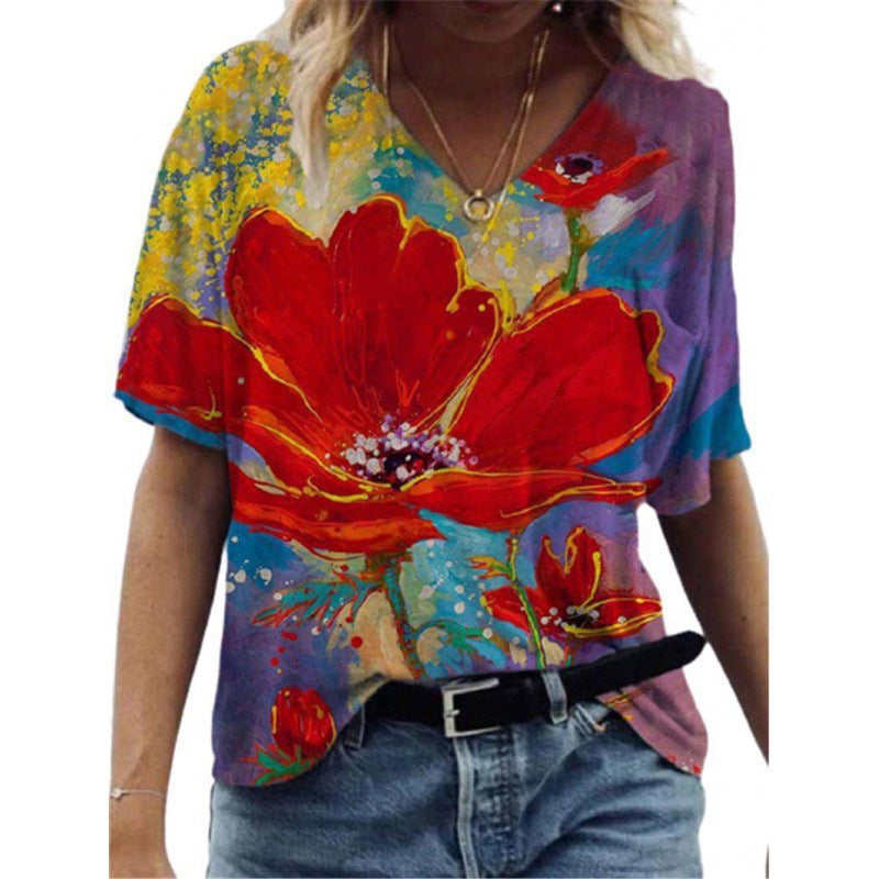 Flower Painting Printed T-shirt For Women