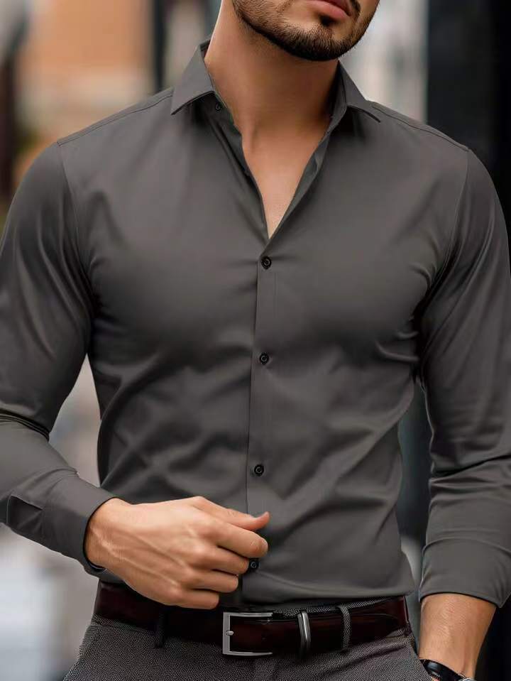 Long Sleeve Casual Business Lapel Shirt Solid Color