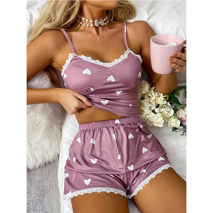 Lace Heart Printing Milk Silk Ladies Home Leisure Suit Two-piece Set