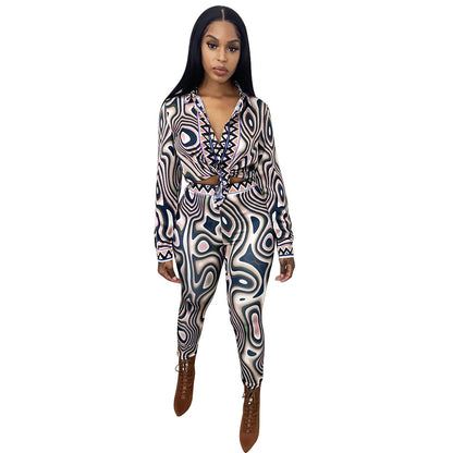 Women  Print Long Sleeve Tight Casual Suit