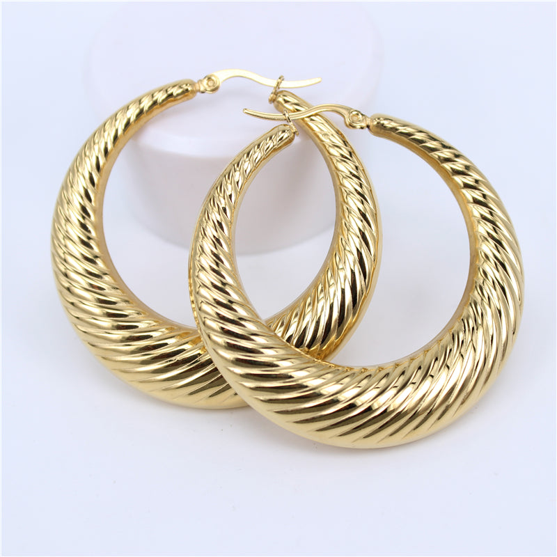 Ladies Fashion Titanium Hollow Round Texture Stainless Steel Earrings