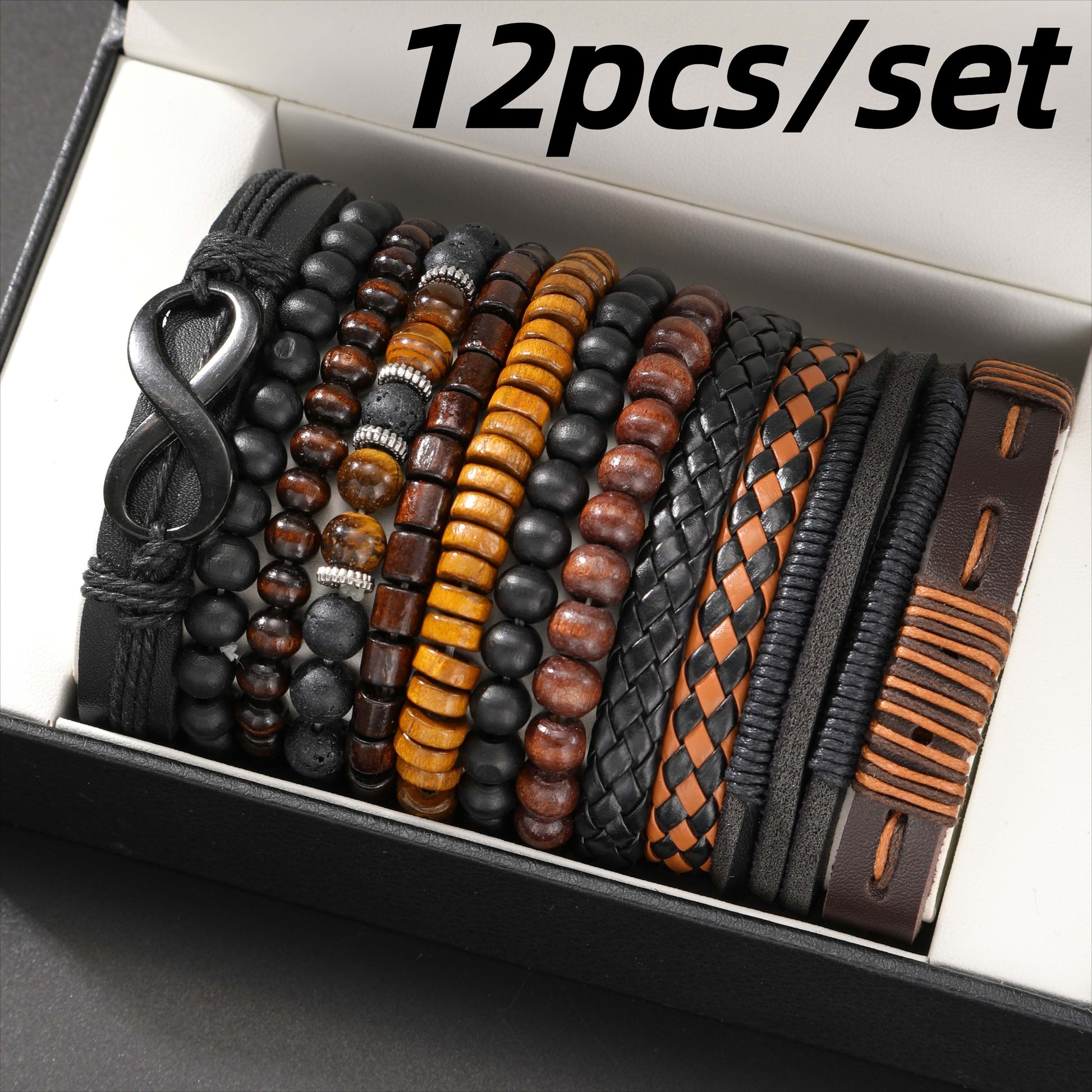 12-piece Vintage Men's Bracelet Set - Woven Leather, Tiger's Eye And Moonstone Beads, Synthetic Rope, Stylish Jewelry For Casual And Party Wear