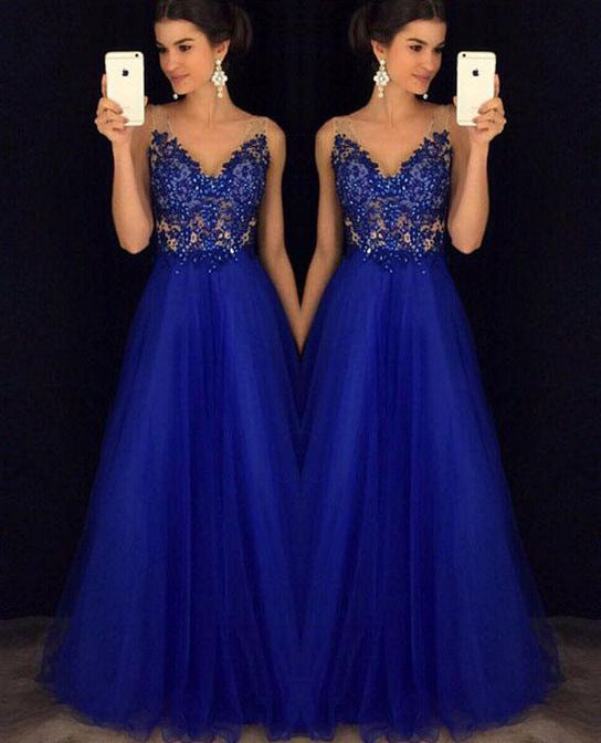 Backless Beaded Ball Elegant Long Blue Chiffon Dress