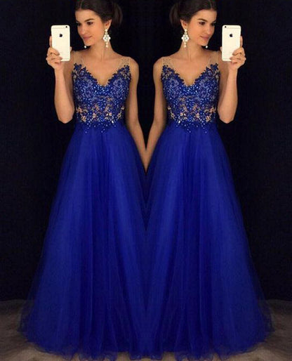 Backless Beaded Ball Elegant Long Blue Chiffon Dress