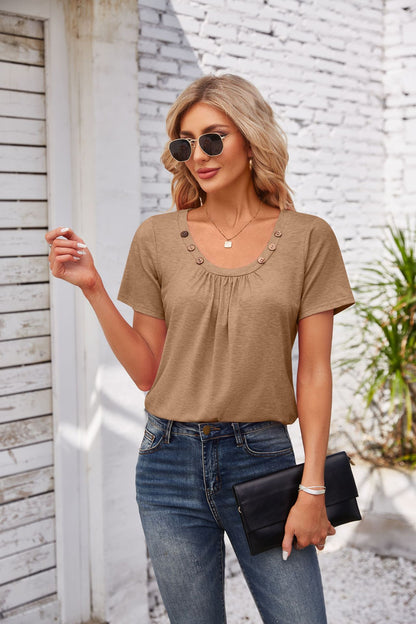 Solid Color Pleated T-Shirt with Cute Square Neckline