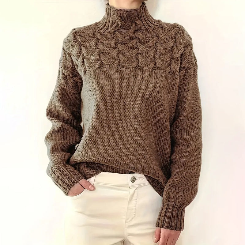 Women's Turtleneck Sweater Solid Color Long Sleeve Patterned Knit Top For Autumn And Winter