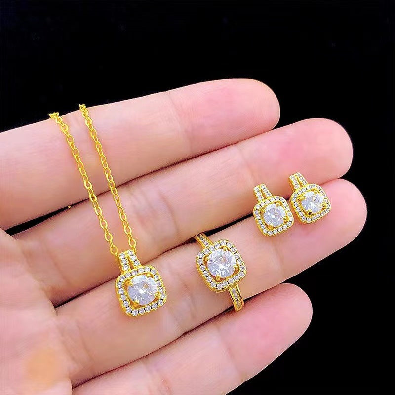 Glamorous Set: Zircon Gem Choker Necklace, Gold Stud Earrings, and Statement Wedding Ring for Women