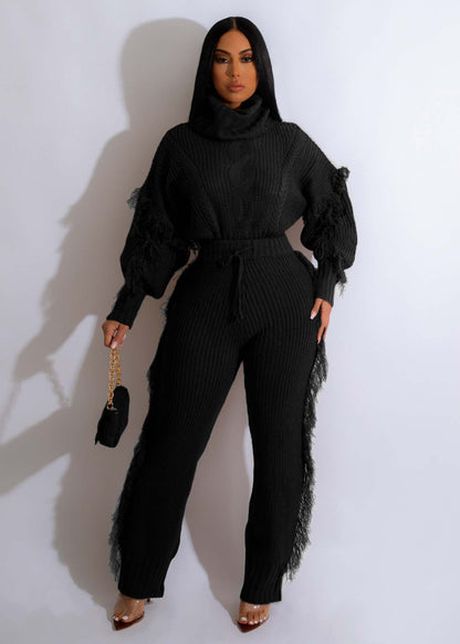 Casual Solid Color Knitted Long Sleeve Turtleneck Tassel Suit