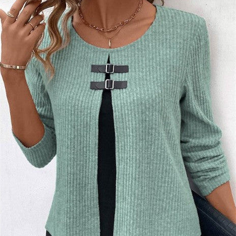 Sunken Stripe Fake Two Pieces Leather Ring Design Long Sleeve Knitted