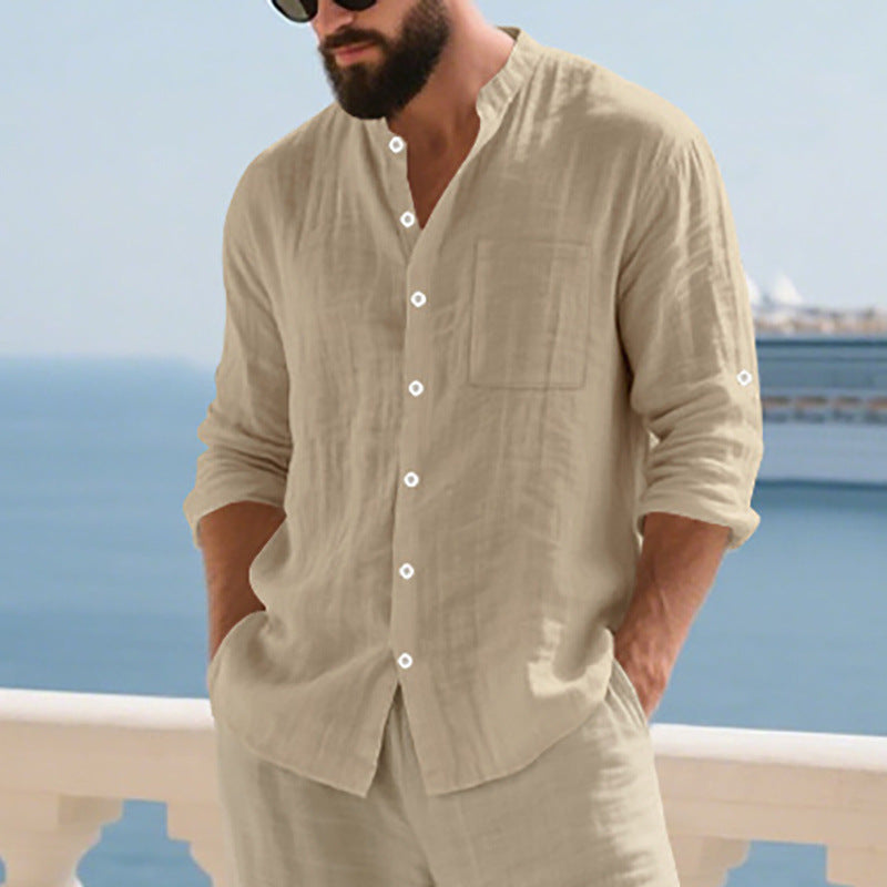 Breathable Linen Mens Button-Up Stand-Collar Long-Sleeve Shirt