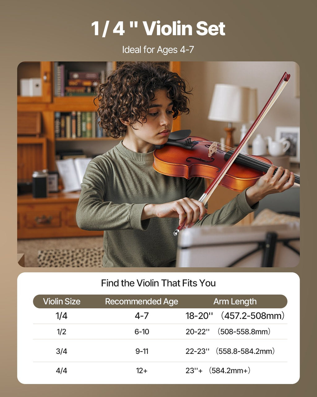 Violin 1/4 Size For Adults, Violin Fiddle Set For Beginners Student With Hard Case, Rosin, Bow, Shoulder Rest,Bridge,Tuner And Extra Strings,Solidwood Professional Musical Instruments (Brown)
