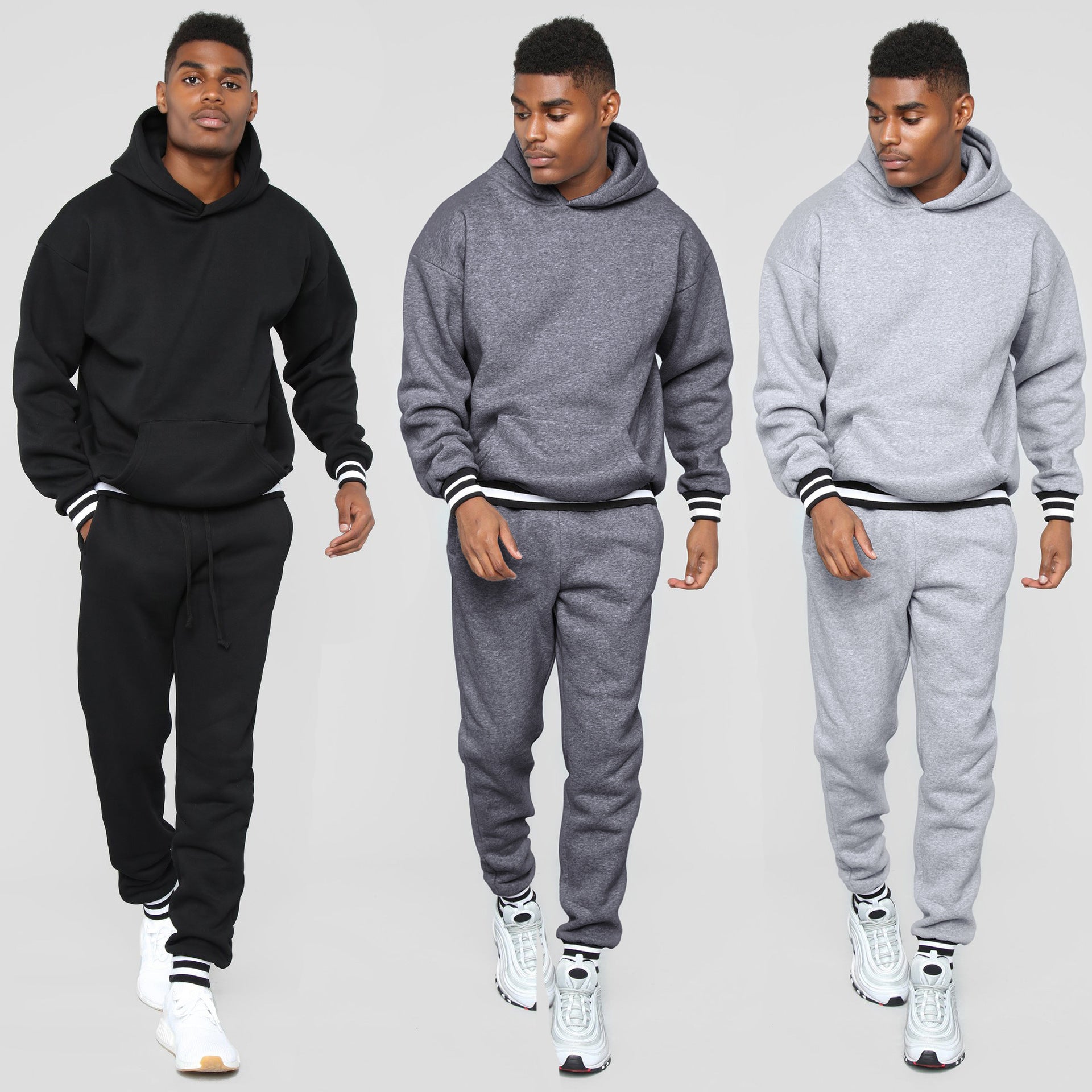 Screw Type Contrast-color Stitching Sweatshirt Men's Two-piece Set Hooded Casual Sports Suit