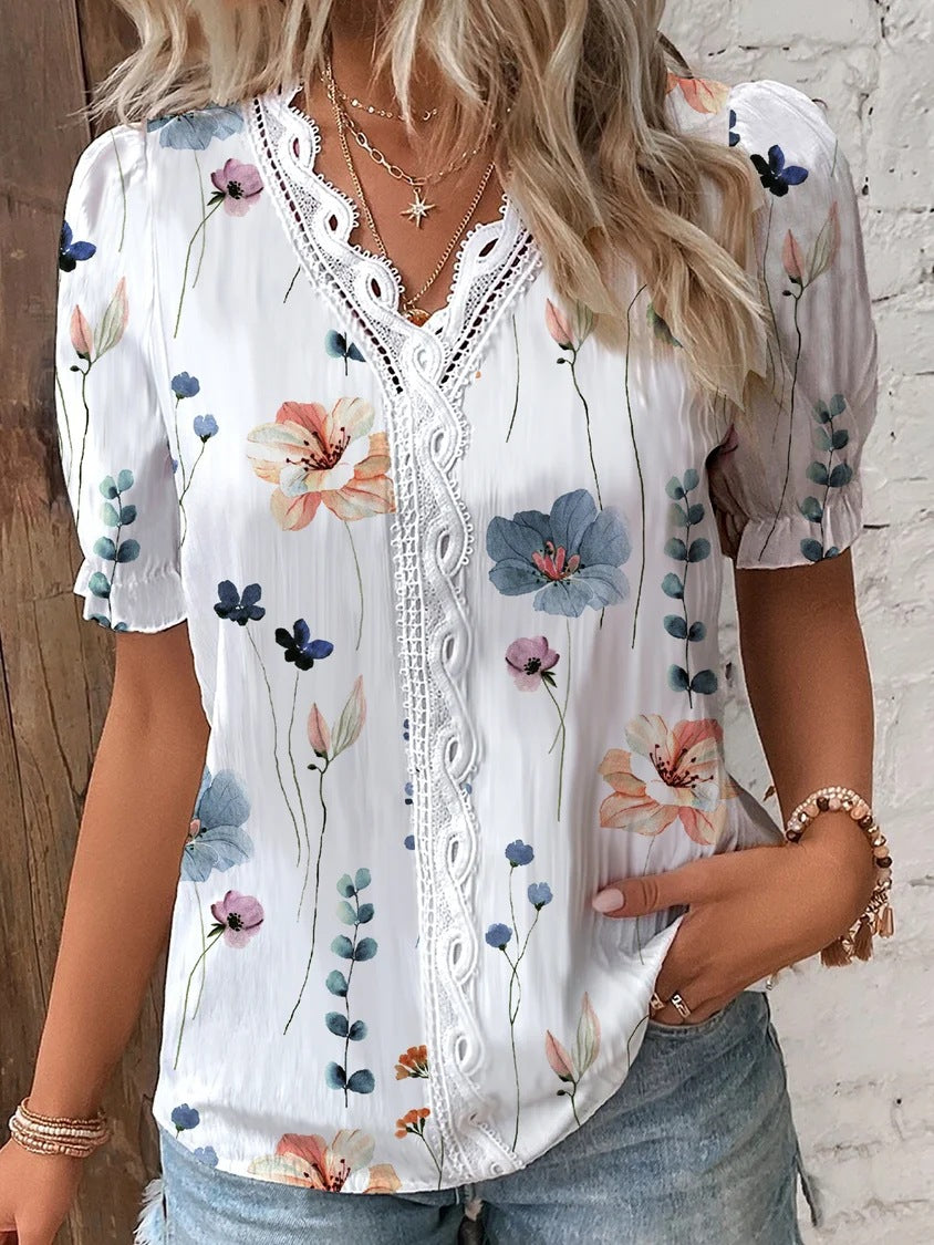 V-neck Lace Stitching Printing Shirt For Women