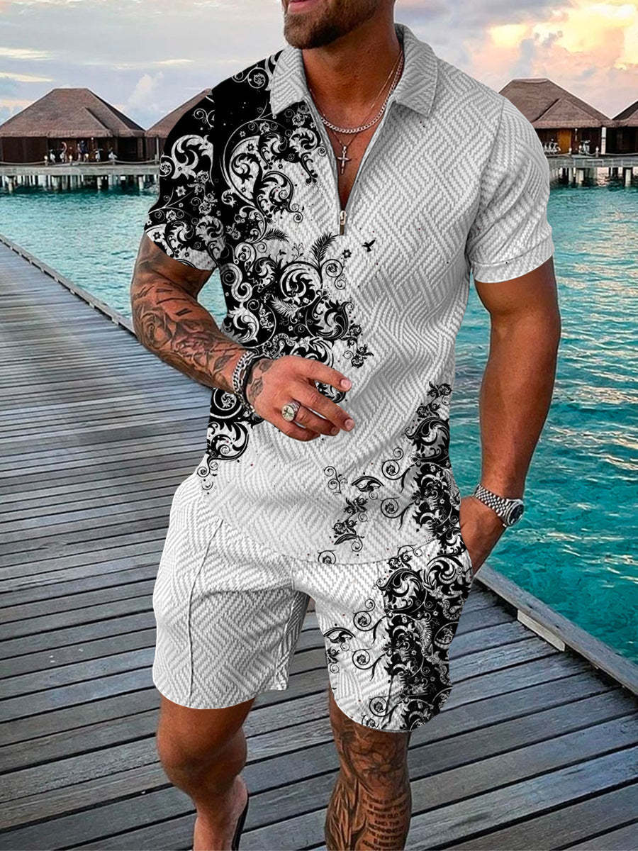 Men's Summer Fashion 3D Printed Short Sleeve Geometric Zip Lapel Shirt Set