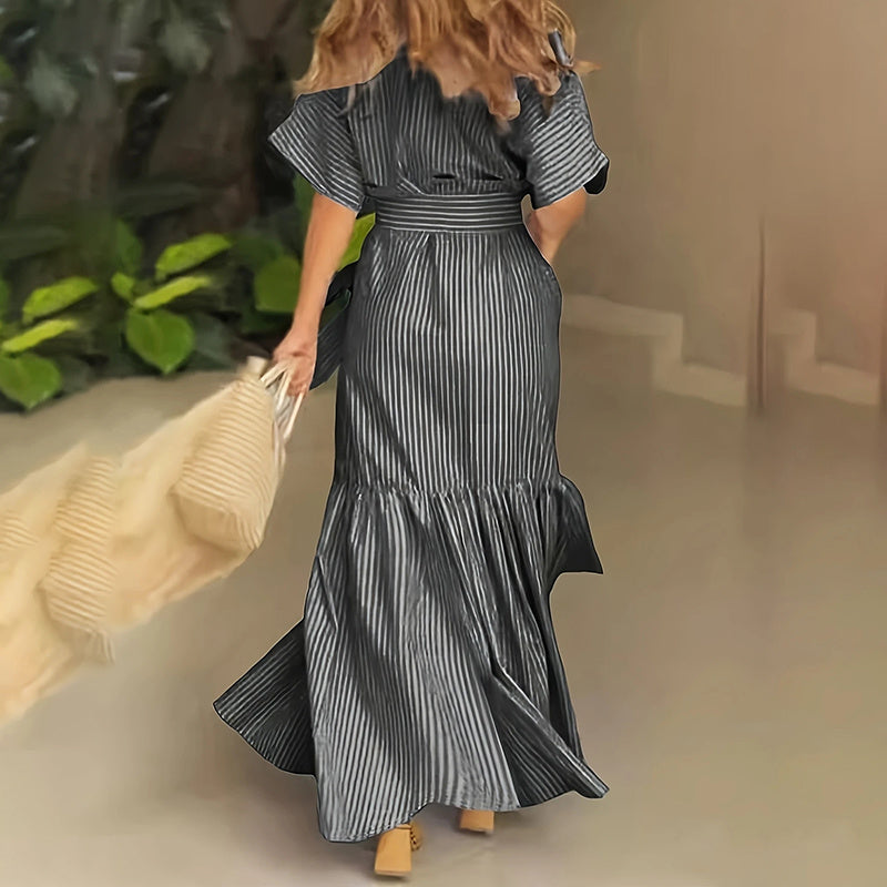 Women's Summer Casual Striped Button Down Maxi Dress Tie Waist Short Sleeve Shirt Dress With Pockets