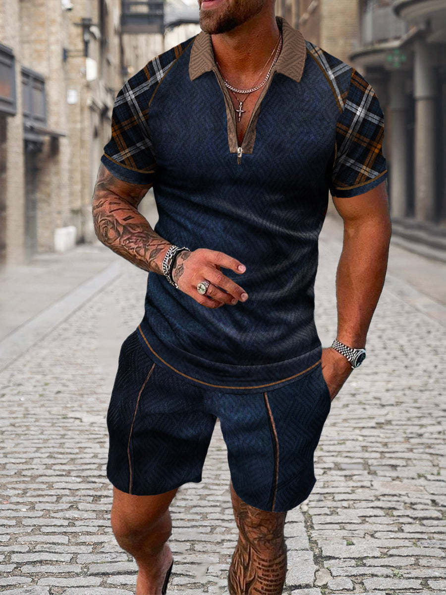 Men's Summer Fashion 3D Printed Short Sleeve Geometric Zip Lapel Shirt Set